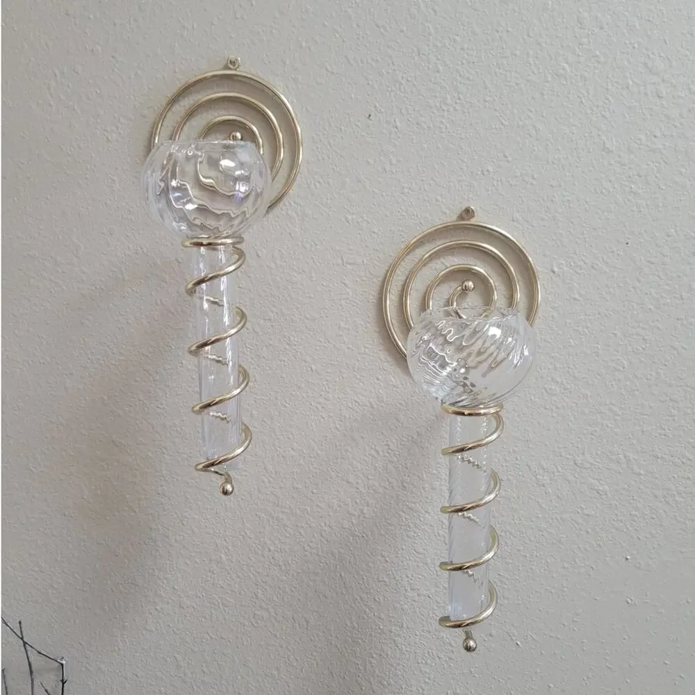 Vintage PartyLite Olympia Glass Candle Holder, Spiral Brass Wall Sconce Set Pair